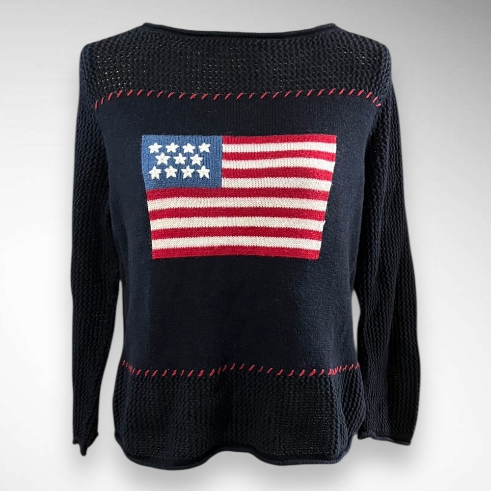 NORTON STUDIO Women's Vintage‎ Navy Blue Knit Sweater With American Flag Medium